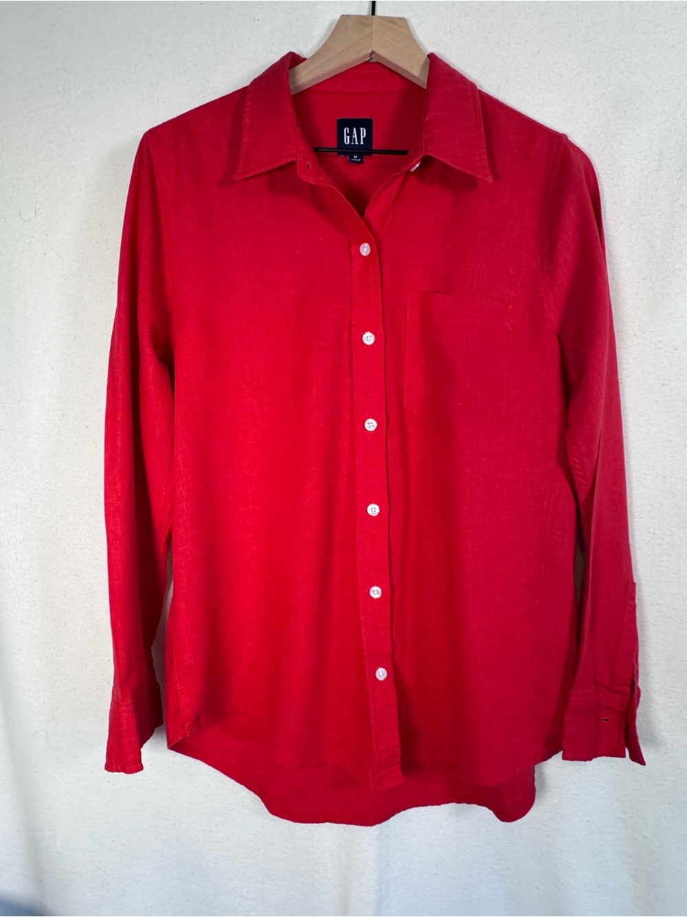 GAP Vibrant Tomato Red Button-Down Linen Blend Shirt, Career, Versatile, capsual